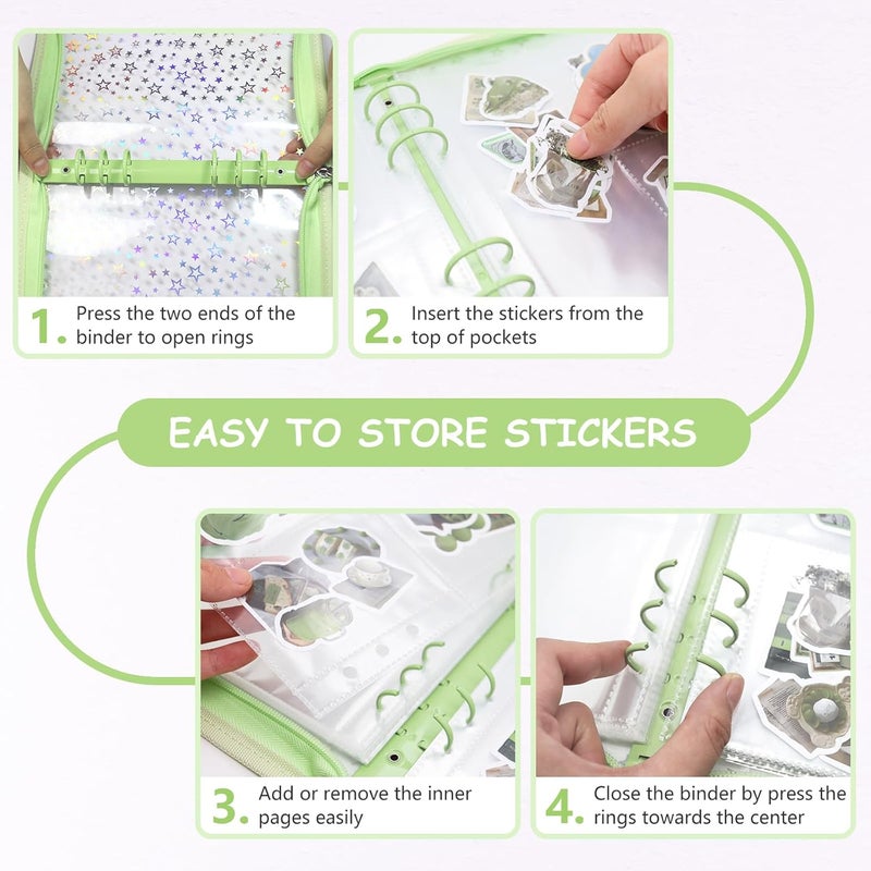 Ruatu Sticker Organizer Binder - Reusable Sticker Collecting Book Storage Album Holder with Pocket Pages A5 Zipper Cover Collection Container (Green) - Image 4
